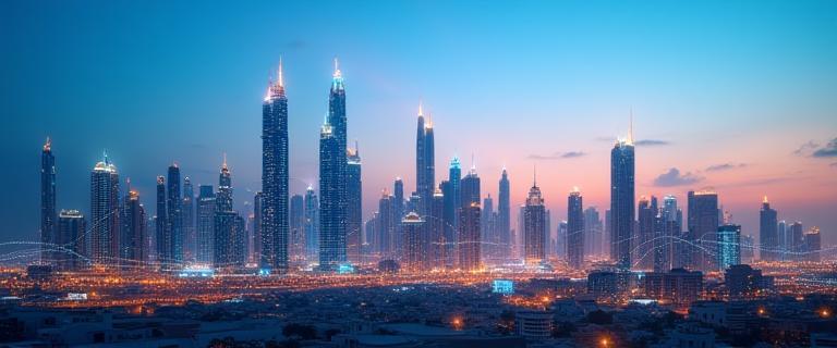 Dubai skyline with high-tech network overlay